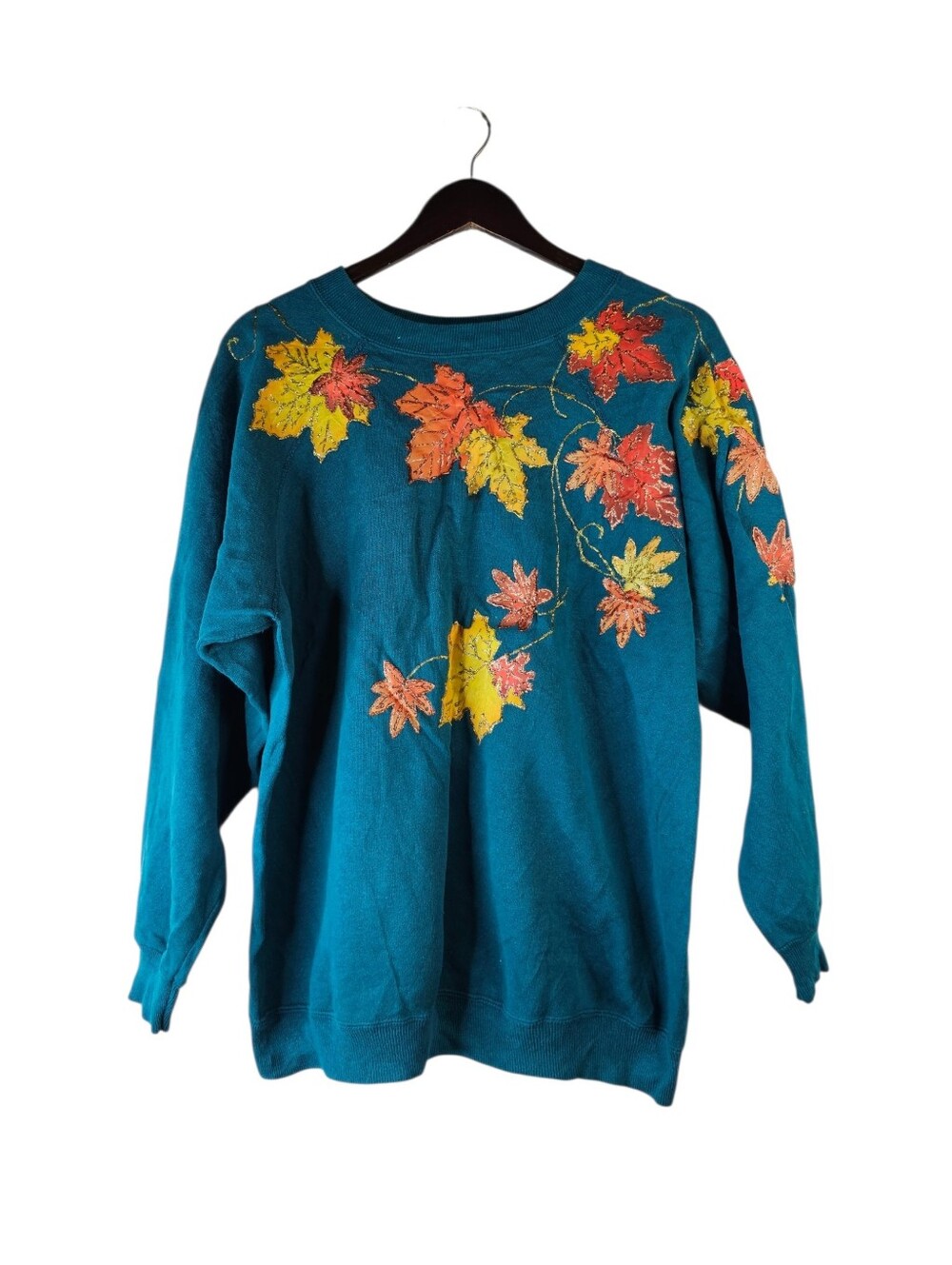Vintage Hanes Her Way Sweatshirt XL Teal Fall Autumn Leaves Made in USA